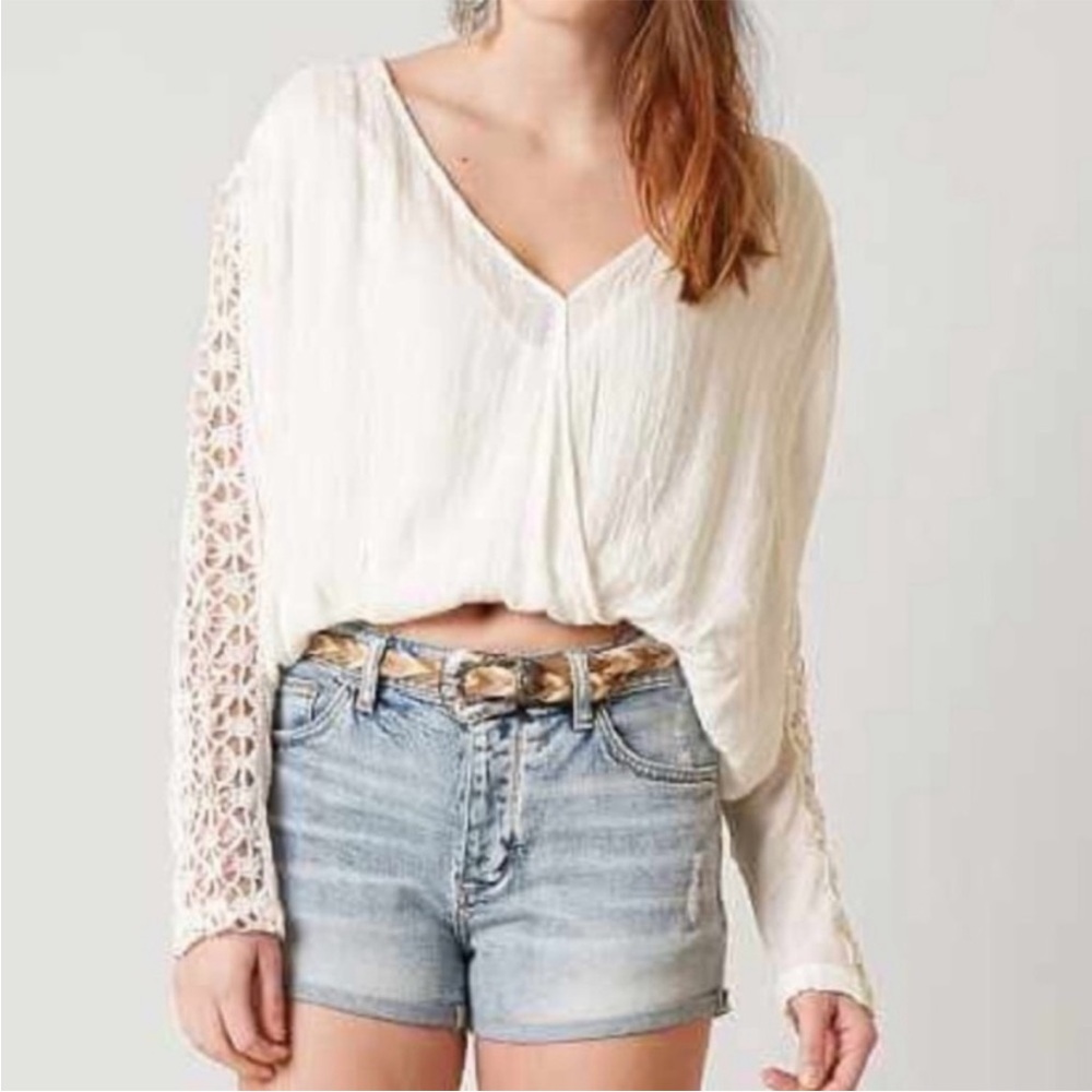 Free People Runaway Cropped Crochet-Sleeves Ivory Sz M